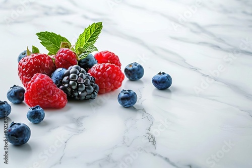 A handful of fresh blueberries, raspberries and blackberries on a marble table.