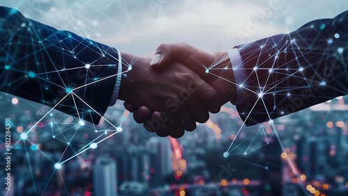 People shaking hands and communication network concept. Digital technology, internet communication, teamwork, partnership concept.