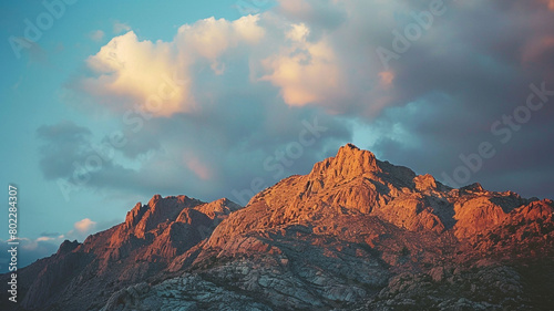 A rocky mountain ridge silhouetted against the evening sky  with the last light of the day casting a warm glow on the rugged terrain  showcasing the dramatic beauty of twilight in the mountains