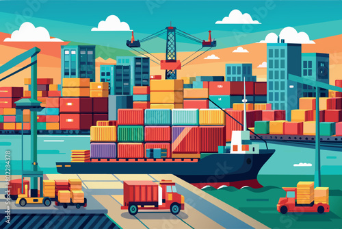 A large cargo ship is docked at a port, surrounded by trucks and other vehicles