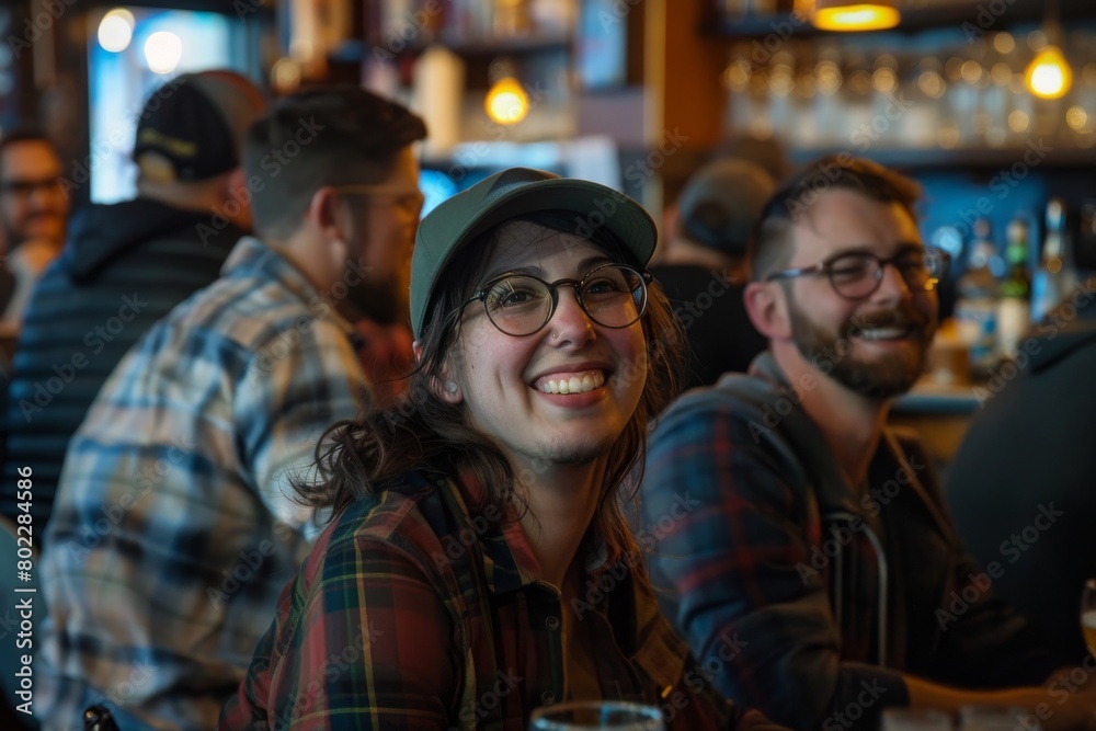 Group of happy friends having fun in a pub, drinking beer and talking