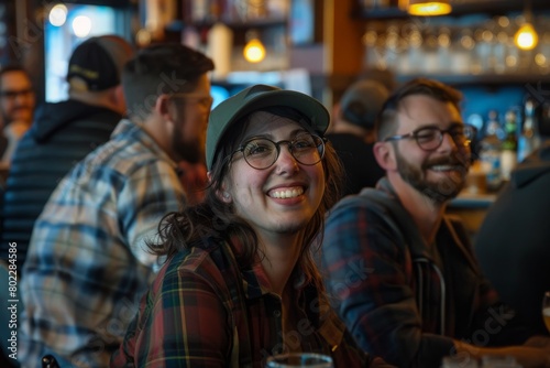 Group of happy friends having fun in a pub  drinking beer and talking