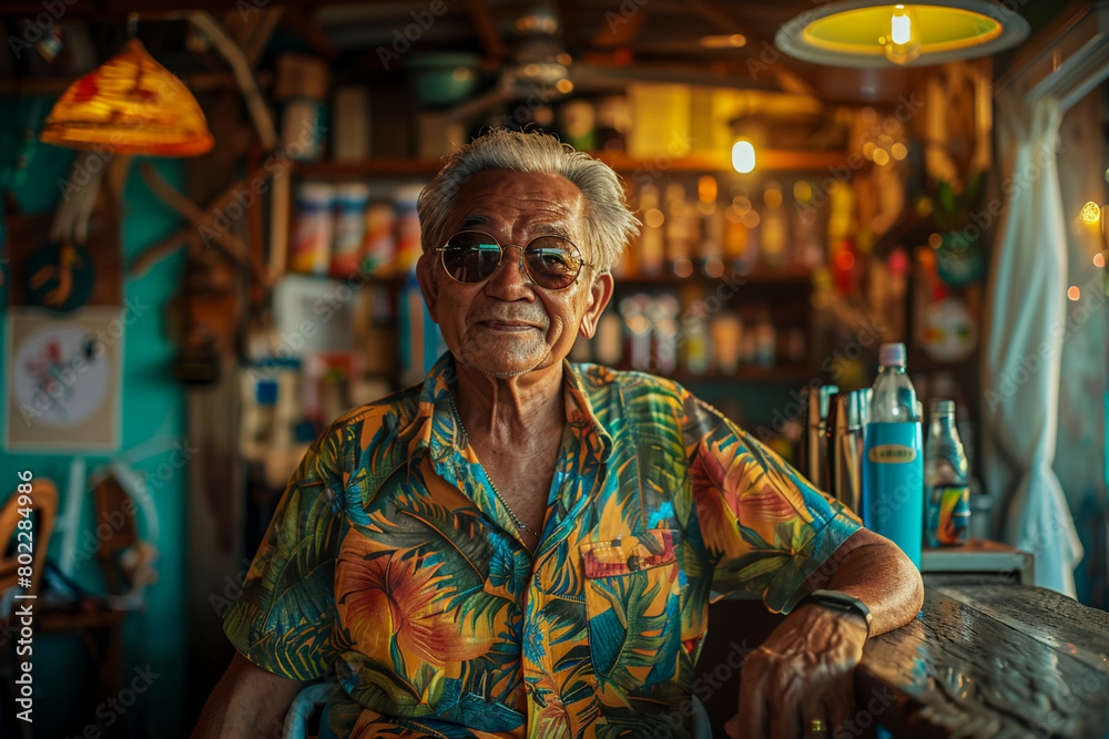 elderly asian man at a beach bar, sipping a refreshing cocktail, enjoying the ocean breeze