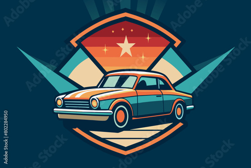 A vintage car is shown in a colorful, artistic style