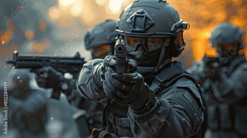 Elite Tactical Squad in Combat Gear Aiming Firearms © Viktorikus