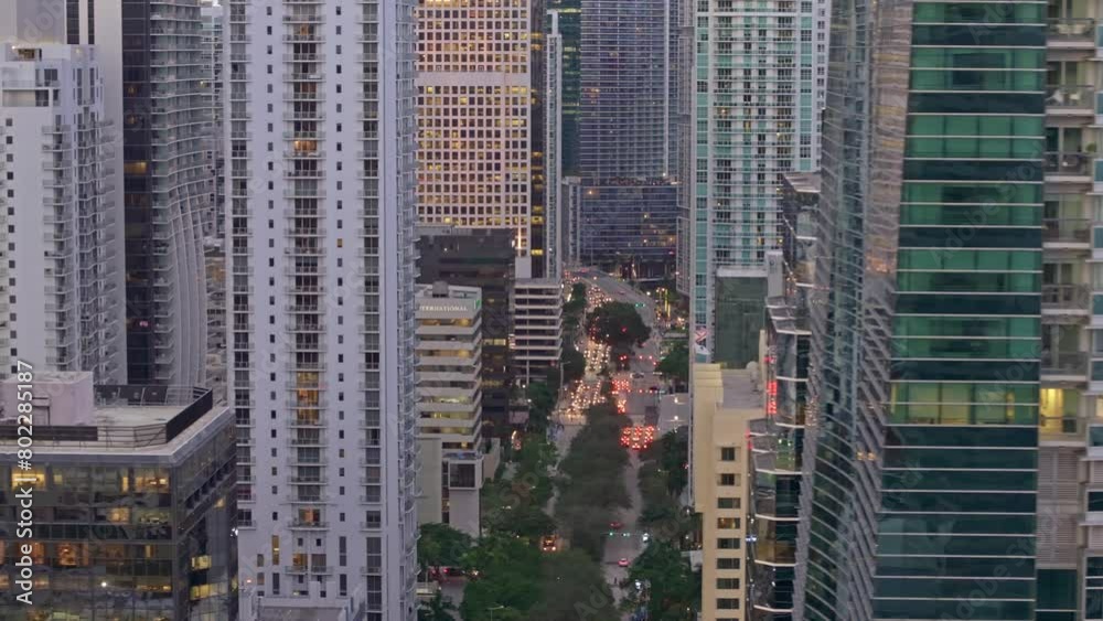 Aerial drone view of Miami Brickell downtown skyline. Aerial close up view of Miami modern skyscraper buildings, hotels and residential buildings on a cloudy day. Miami Florida in 4K Aerial drone view of Miami Brickell downtown skyline. Aerial close up view of Miami modern skyscraper buildings, hotels and residential buildings on a cloudy day. Miami Florida in 4K
