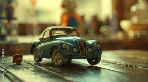 Vintage Toy Car on Wooden Surface with Blurred Background