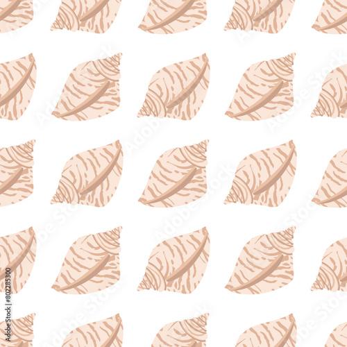 Vector pattern featuring whimsical cartoon seashells. Includes colorful doodle-style elements of tropical mollusk formations and marine life, perfect for underwater-themed designs. © zeukaa