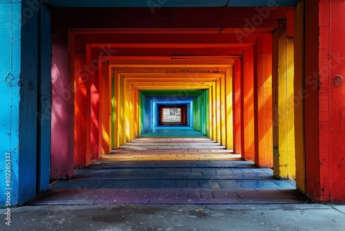 Striking geometric tunnel painted in a rainbow spectrum, inviting exploration and creativity © Nena Ai