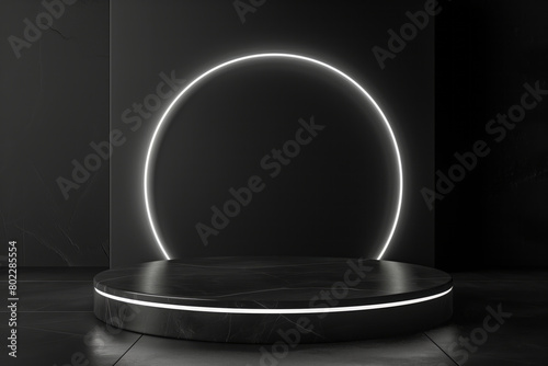 Round black podium with white neon light on a dark background for display products, presentation. Mockup of pedestal