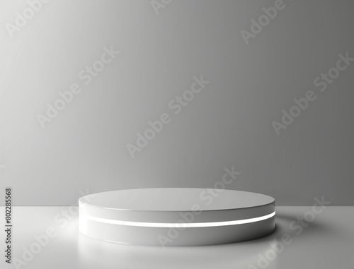 Round podium with white backlight on a light gradient background for display products, presentation. Mockup of pedestal