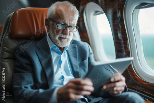 Elderly businessman in suit using tablet in airplane during business trip. Shallow depth of field