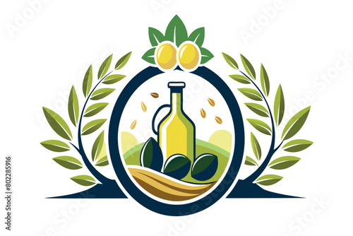 A bottle of olive oil is surrounded by leaves and a circle