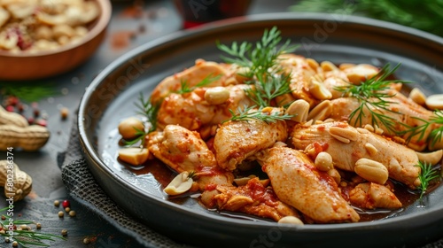 Armenian cuisine. Chicken fillet stewed with peanuts. 