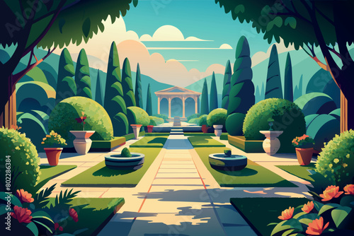 A beautiful garden with a fountain and a gazebo