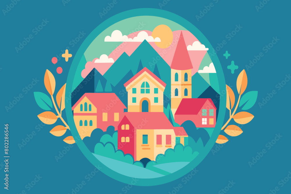 A colorful illustration of a town with houses and a church