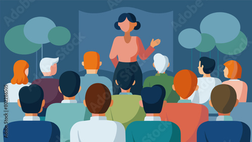Attendees listening as a the discusses common cooccurring conditions often found in individuals with Aspergers such as ADHD and anxiety and how to. Vector illustration photo