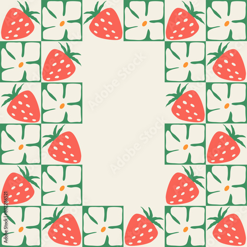 Colorful retro style square frame of strawberries and flowers . Vintage style hippie clipart element design collection. Hand drawn nature collage, spring blank template with flowers and strawberries.