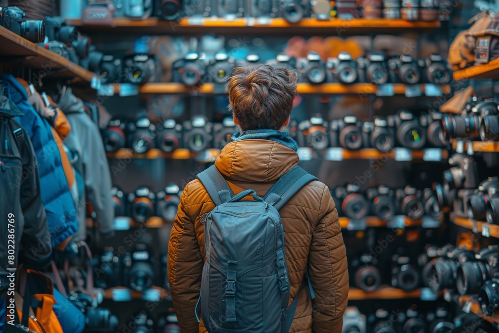 A photography enthusiast is thoughtfully selecting equipment in a well-stocked camera store