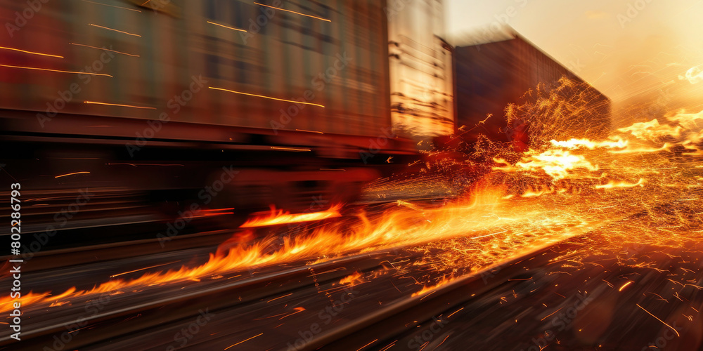 Fiery locomotive emitting smoke and flames from the front in a dramatic and dangerous railway scene