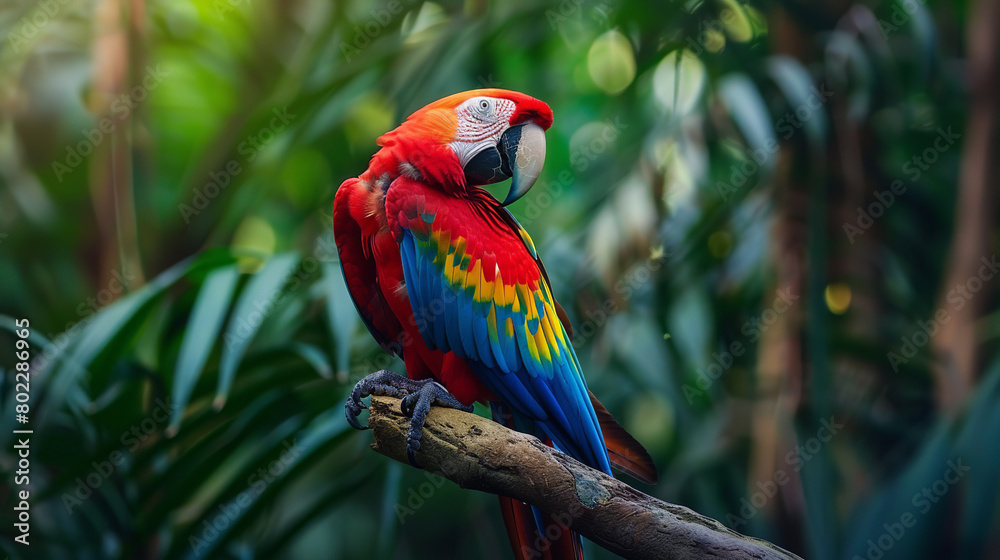 In a tropical paradise, a scarlet macaw perches on a branch