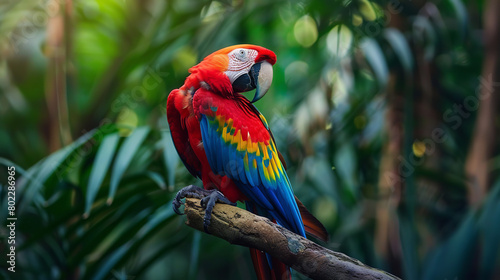 In a tropical paradise  a scarlet macaw perches on a branch