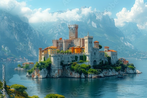 An ancient and imposing medieval castle stands proudly on the edge of a clear, tranquil lake against a backdrop of sharp mountains and a clear sky photo