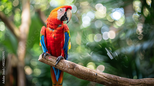 In a tropical paradise, a scarlet macaw perches on a branch