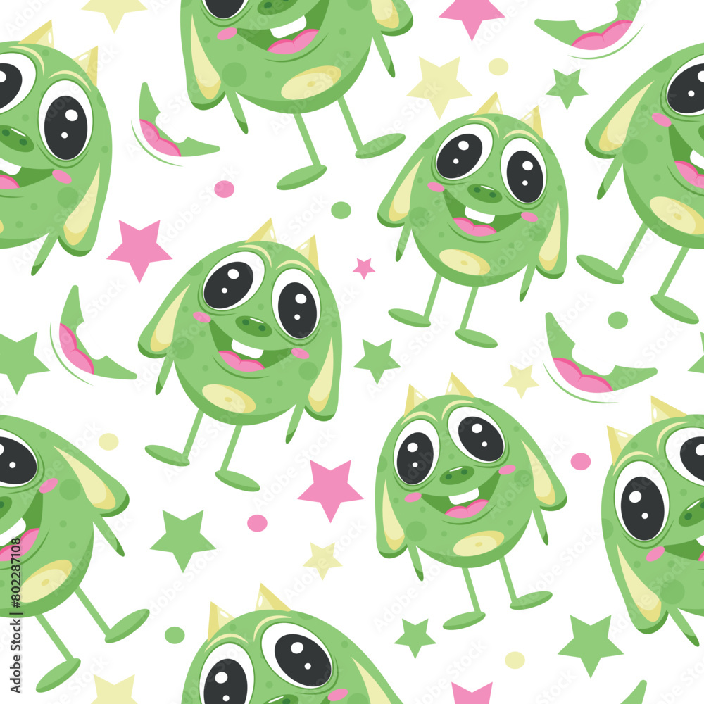 seamless pattern with fictional green monster with big eyes and long ears and colorful stars, for banners, posters or children's textiles seamless pattern with fictional green monster with big eyes and long ears and colorful stars, for banners, posters or children's textiles