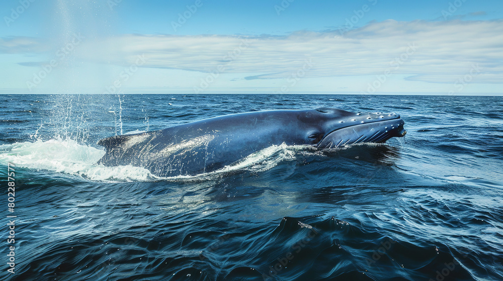 Naklejka premium A blue whale surfacing gracefully from the depths of the ocean