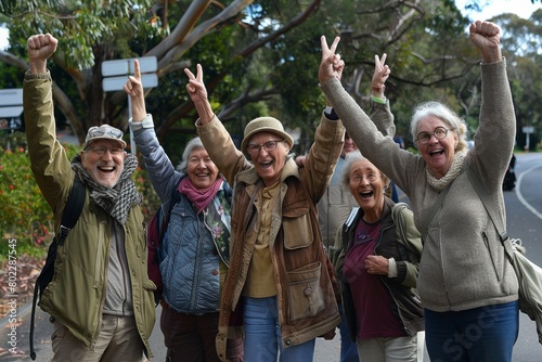 Group of senior friends having fun together in the park. They are smiling and gesturing