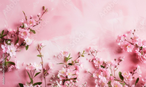banner on a pink background, pink cherry blossom in spring, with copy space.