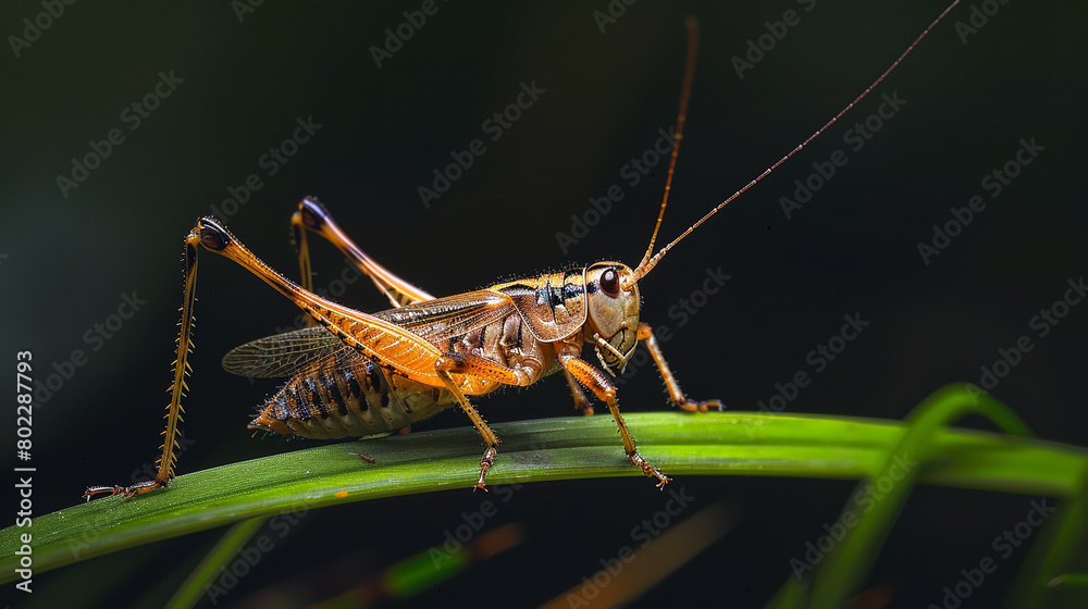 A cricket perched on a blade of grass, its antennae quivering as it serenades the night with its rhythmic chirping A cricket perched on a blade of grass, its antennae quivering as it serenades the night with its rhythmic chirping