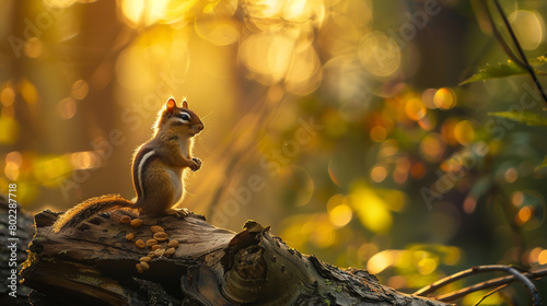 A chipmunk perched on a weathered log, its cheeks bulging with foraged treasures © Nate