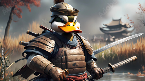 duck samurai.  Battlefield. Hyper realistic. photo