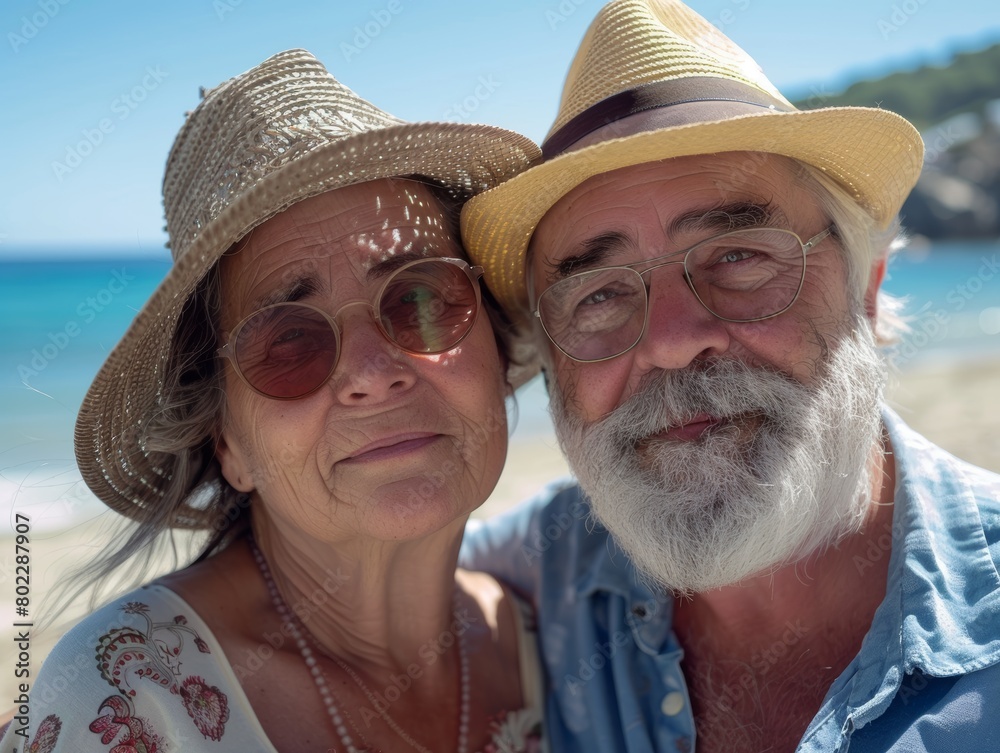 Portrait of a happy elderly couple embracing warmly as the sunset bathes them in a golden light, showcasing lasting love and companionship, hats