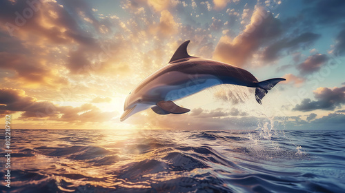 A dolphin gracefully leaping out of the ocean, its sleek body arcing against the backdrop of a brilliant sunset © Nate