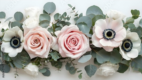 Elegant Wedding Floral Designs Featuring Pink Roses  White Anemones  and Eucalyptus Leaves. Concept Elegant Wedding  Floral Designs  Pink Roses  White Anemones  Eucalyptus Leaves
