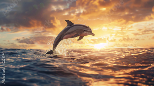 A dolphin gracefully leaping out of the ocean  its sleek body arcing against the backdrop of a brilliant sunset
