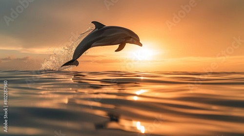 A dolphin gracefully leaping out of the ocean  its sleek body arcing against the backdrop of a brilliant sunset