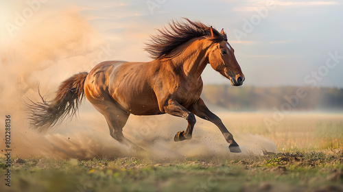 A horse galloping freely across a sunlit meadow, its mane billowing in the wind and hooves kicking up clouds of dust photo