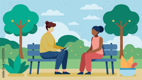 A peer counseling session taking place in a quiet park with two individuals sitting on a bench and discussing ways to cope with sensory overload.. Vector illustration