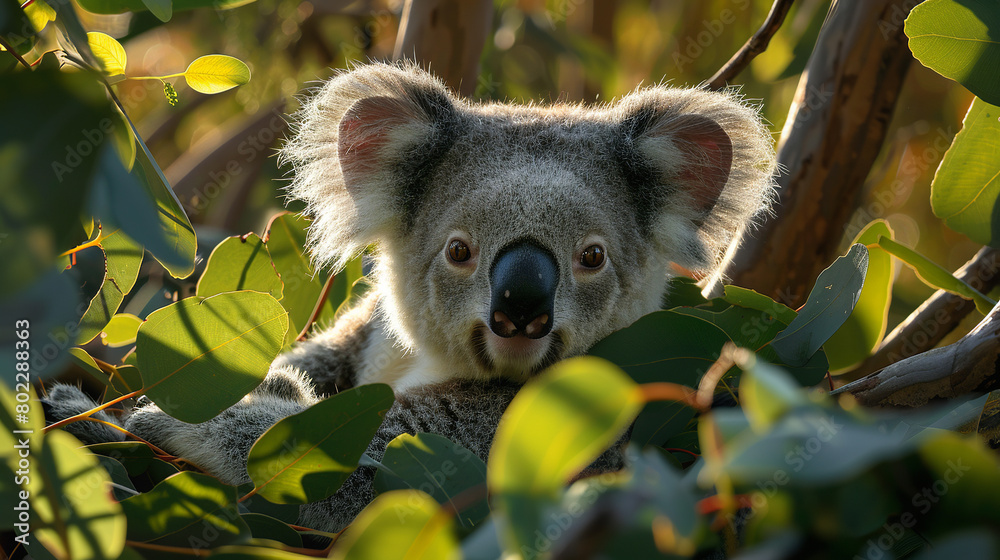 Fototapeta premium A koala nestled among the eucalyptus leaves, its fluffy ears and rounded features highlighted by the soft glow of dawn