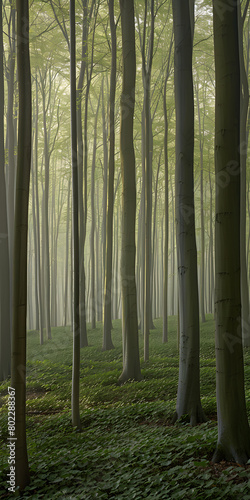 Floresta Verde com Luz Matinal Envolta em Neblina photo