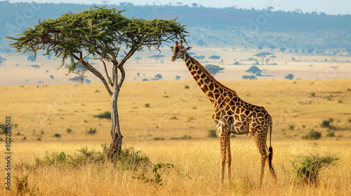 A majestic giraffe gracefully stretching its neck to reach the tender leaves of an acacia tree