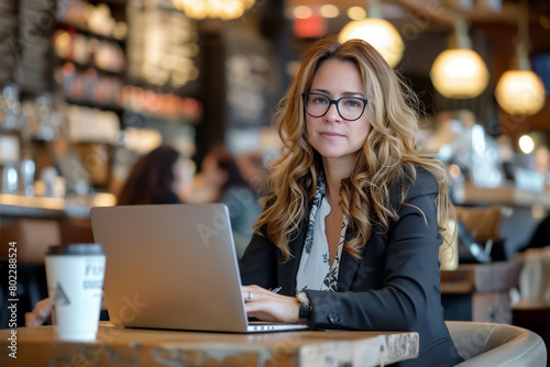 Businesswoman woks the flexibility of remote work, typing on her laptop in a cafe, symbolizing the work-life balance and work from anywhere concept photo