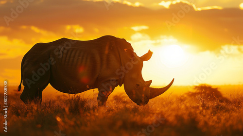 A majestic rhinoceros  its massive form silhouetted against the golden hues of the savannah sunset