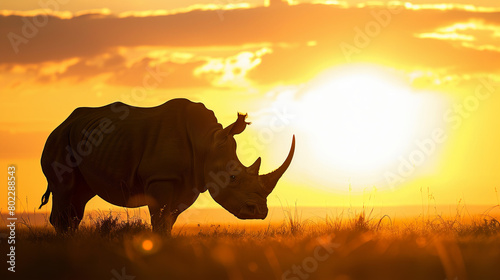 A majestic rhinoceros, its massive form silhouetted against the golden hues of the savannah sunset