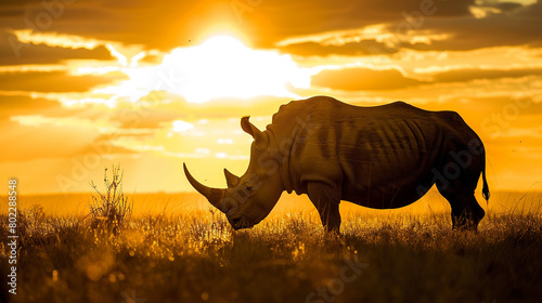 A majestic rhinoceros  its massive form silhouetted against the golden hues of the savannah sunset