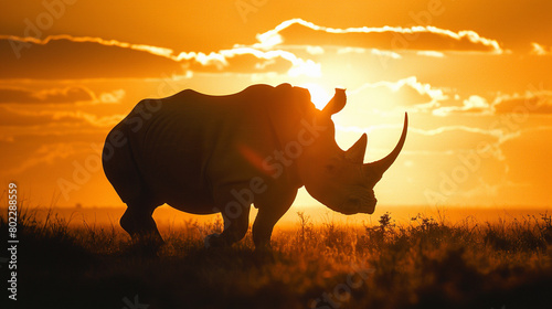 A majestic rhinoceros, its massive form silhouetted against the golden hues of the savannah sunset